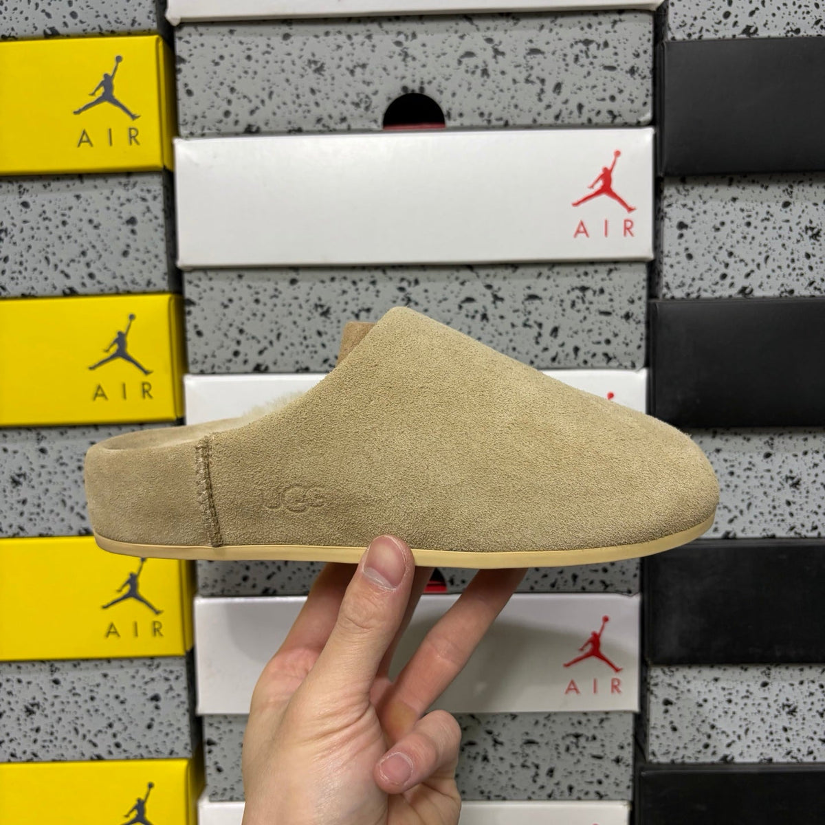 UGG Suede Mule – Women’s Backless Clog with Gold Rivet Accents & Shearling Lining in Sand
