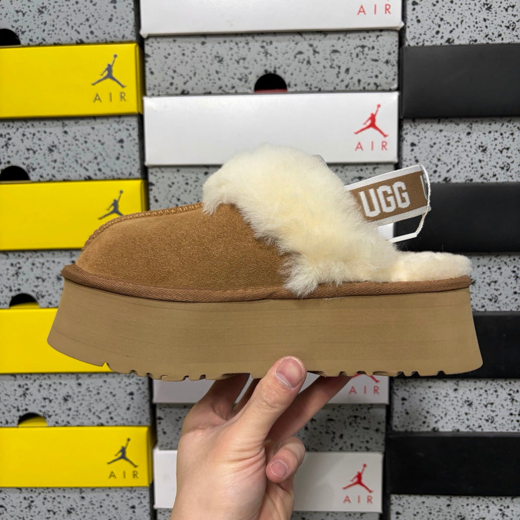 UGG Disco Slide Platform Mule – Women's Sherpa-Lined Suede Slide with Logo Strap in Chestnut