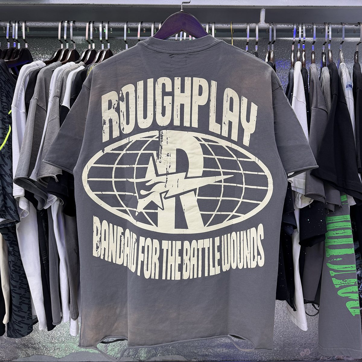 Rough Play Rock Hand Guitar Rhinestone Graphic T-Shirt
