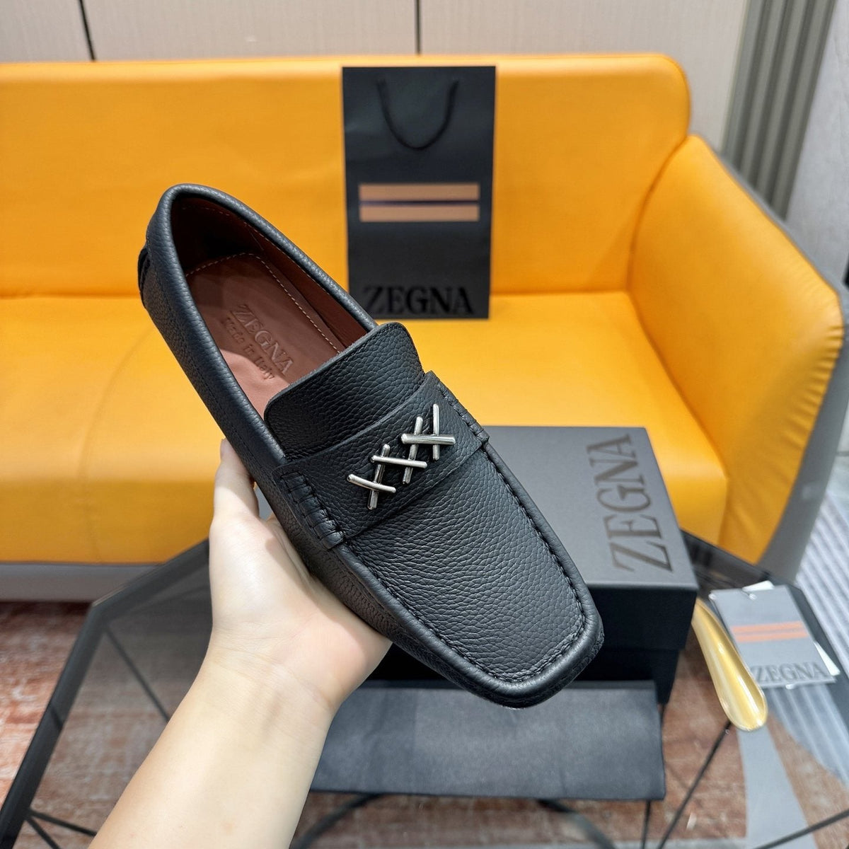 Zegna Black Cross-Stitch Driving Loafers