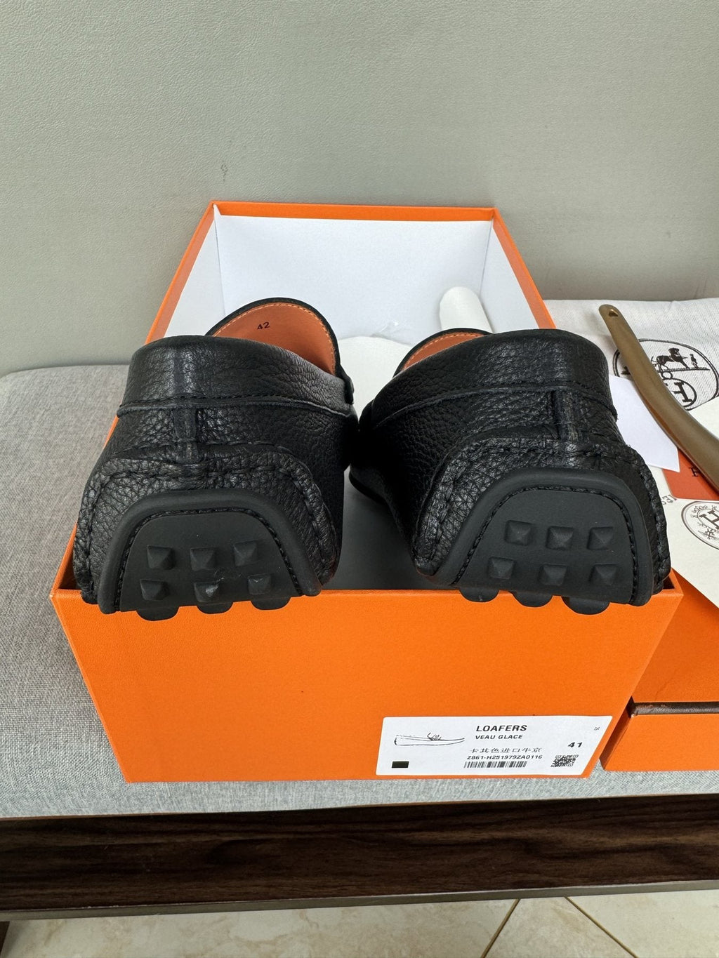 Hermès Men's Black Textured Penny Loafers