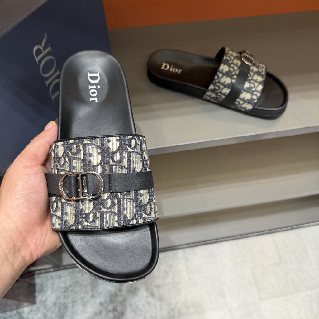 Dior Blue-Gray Pattern Slide Sandals